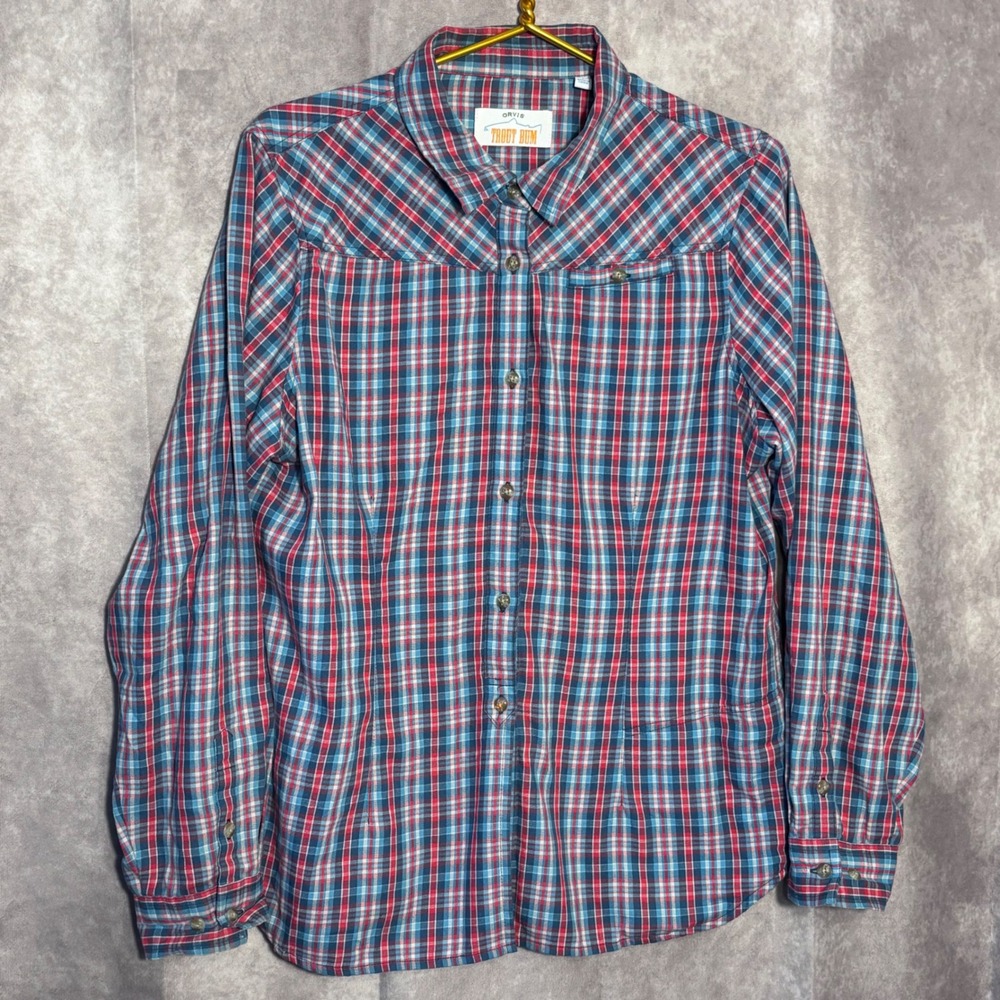 Orvis Trout Bum Plaid Button Down Women Size Medium Red Blue Long Sleeve